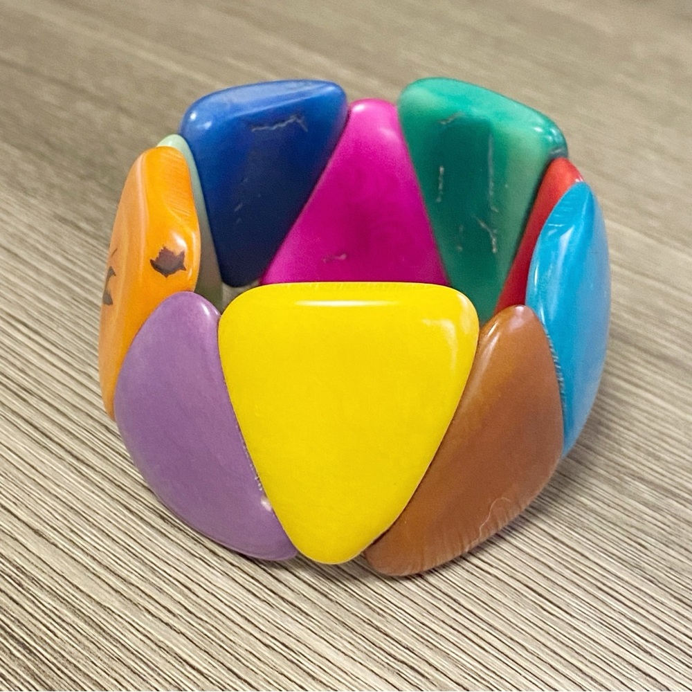 VINTAGE Chunky Tagua Nut Multicolor Geometric Stretch Bracelet Pink Blue Yellow